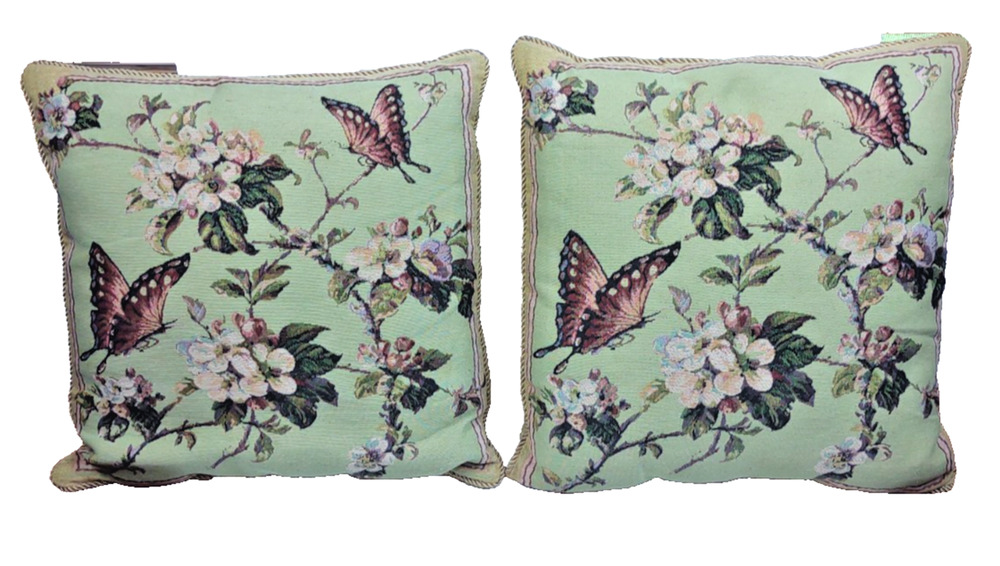 Set 2 Vintage Tapestry Throw Pillows Butterflies Blossoms 18 X 18 Square Green